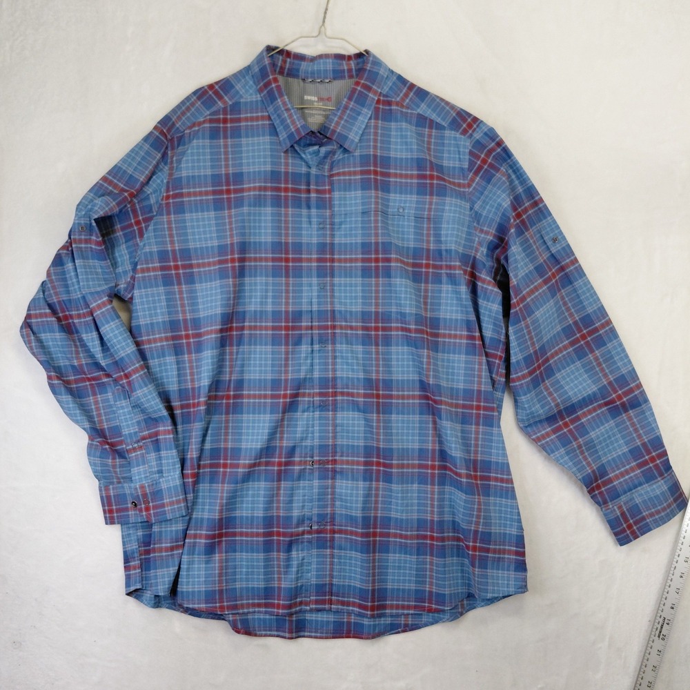 Swiss Tech Mens 3XL Blue Red Plaid Snap Front Long Sleeve Performance Shirt